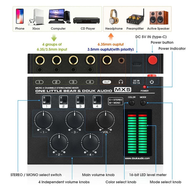 B67C Douk Audio MX5 4채널 오디오 믹서 - Audio Mixer 4 Channel 리뷰 및 가격